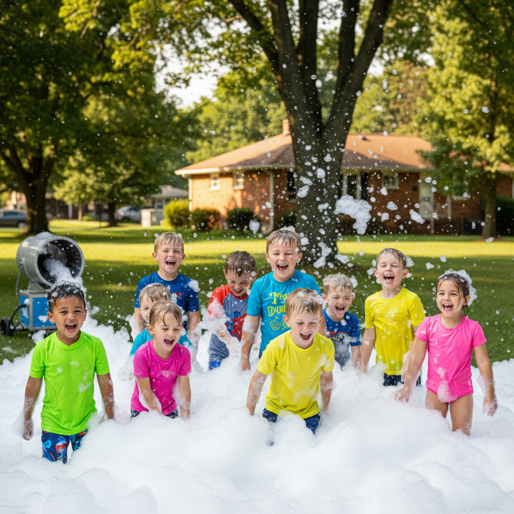 Two adults high-fiving in a pile of foam