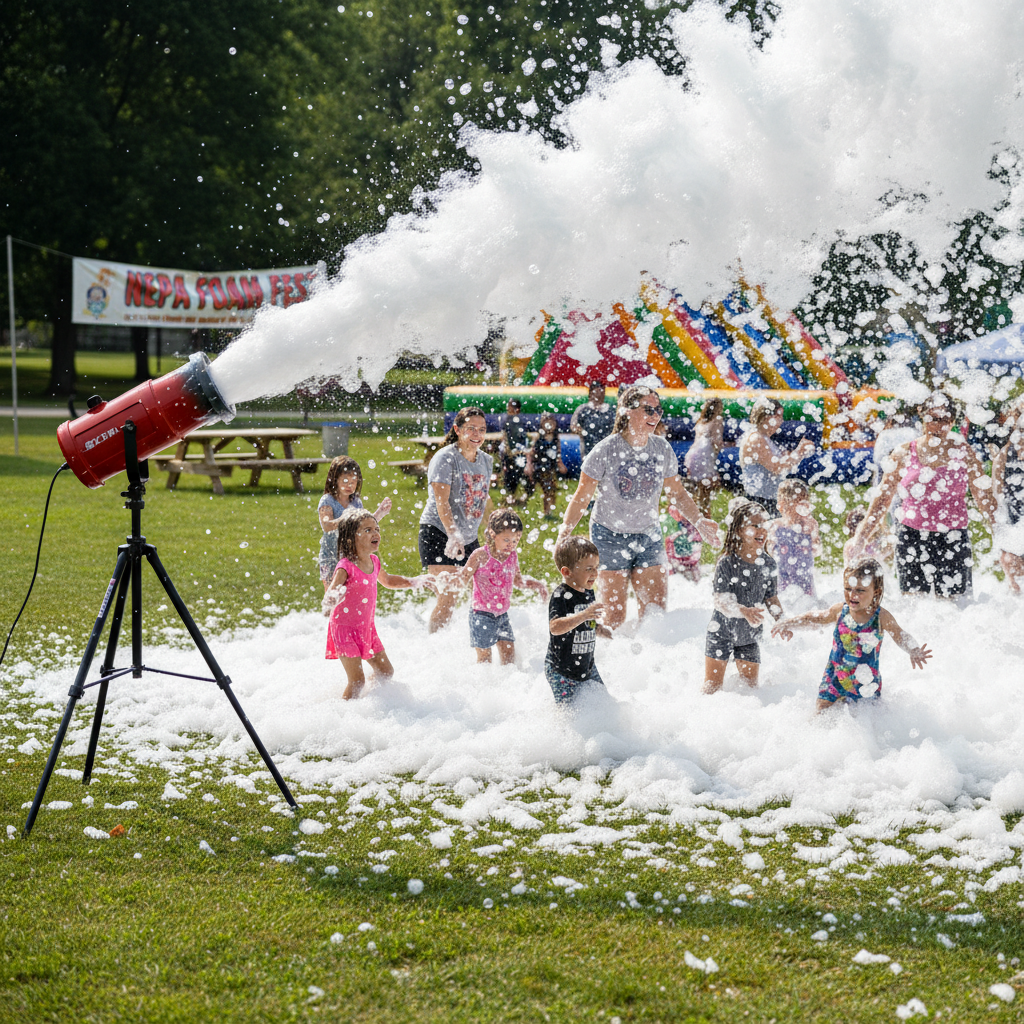 Kids laughing in a backyard covered in foam at golden hour