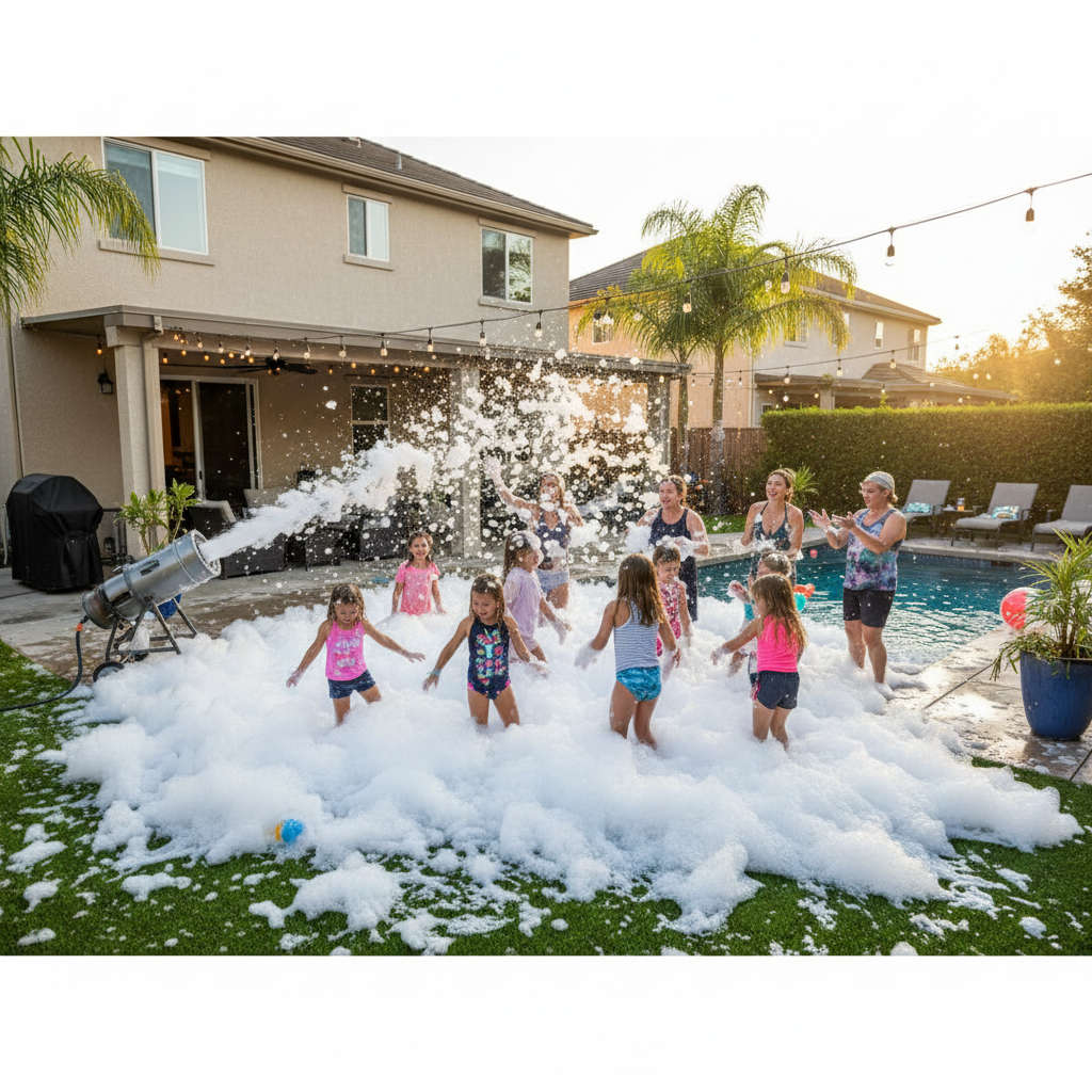 Small backyard foam party with kids playing